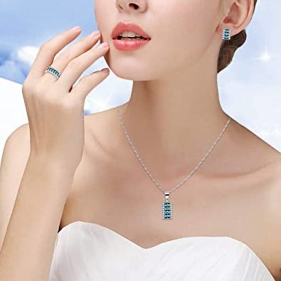 Platinum Plated Necklace Earring Ring CZ Cubic Rhinestone Necklace Blue Earrings - Picture 3 of 8